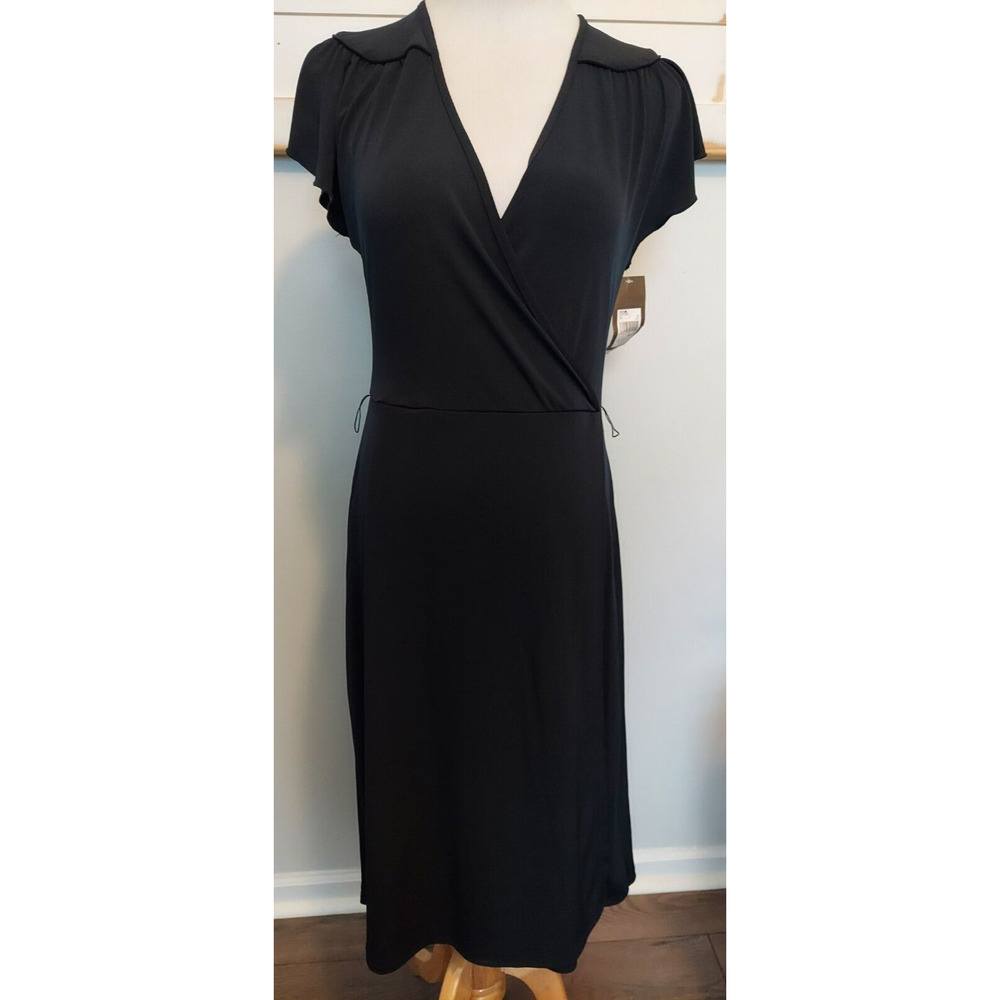 Women's Merona Size Small Black Faux Wrap Dress Cap Sleeve Elastic Waist